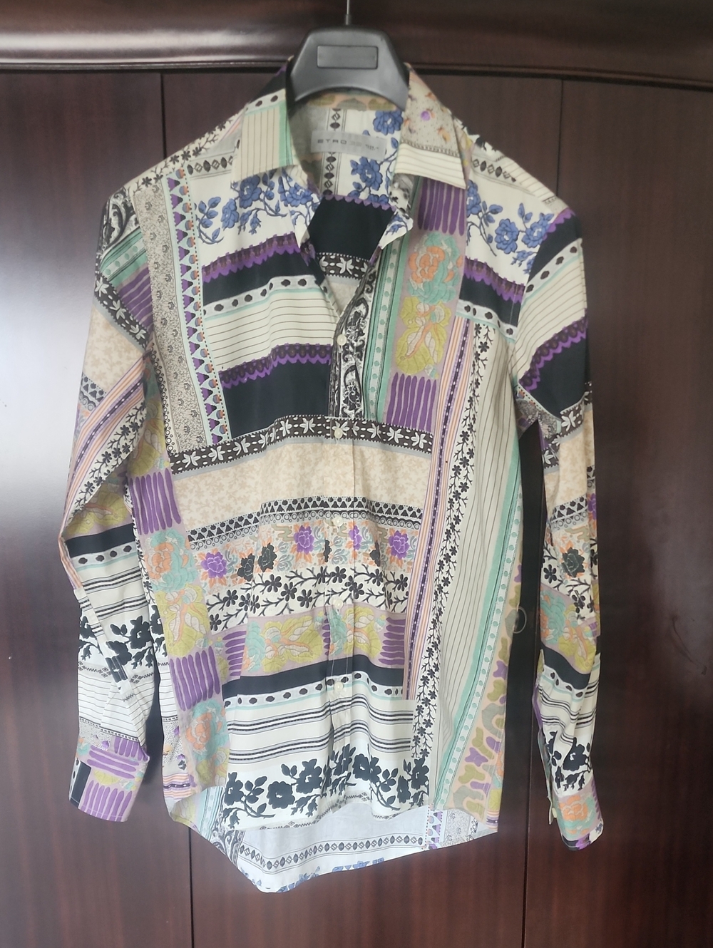 Etro Multicolor Floral & Stripe Button-Down Shirt in Cream, Purple & Black